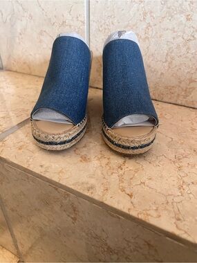 Karl Lagerfeld Denim Espadrille Wedge Mules - Blue
